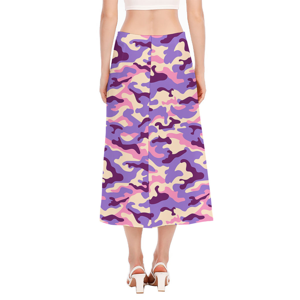 Pastel Purple Camouflage Print Side Slit Midi Skirt