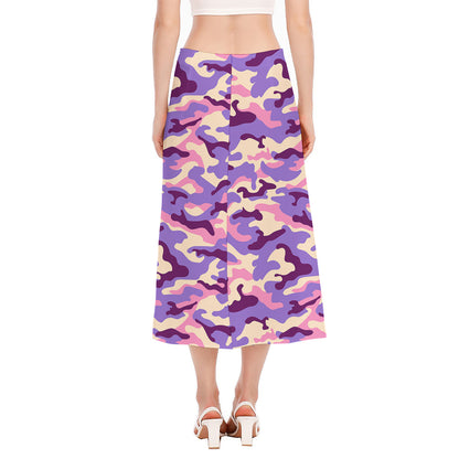 Pastel Purple Camouflage Print Side Slit Midi Skirt