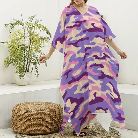 Pastel Purple Camouflage Print Silk V-Neck Kaftan Dress