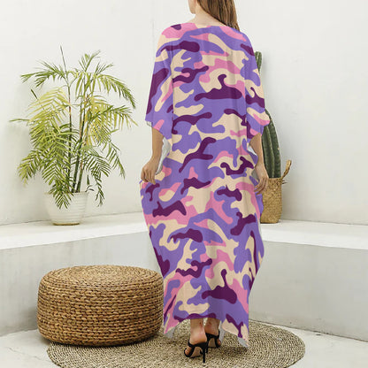 Pastel Purple Camouflage Print Silk V-Neck Kaftan Dress