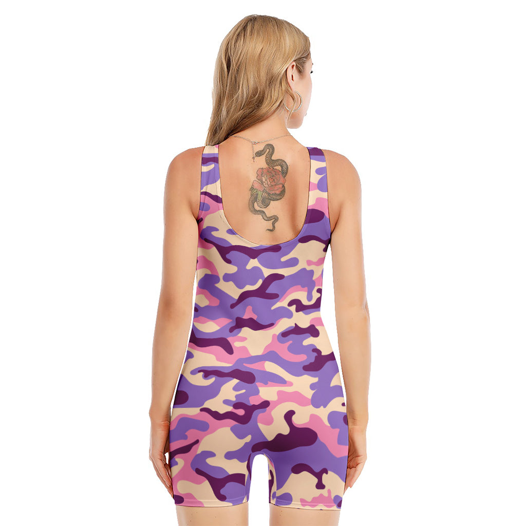 Pastel Purple Camouflage Print Sleeveless One Piece Swimsuit