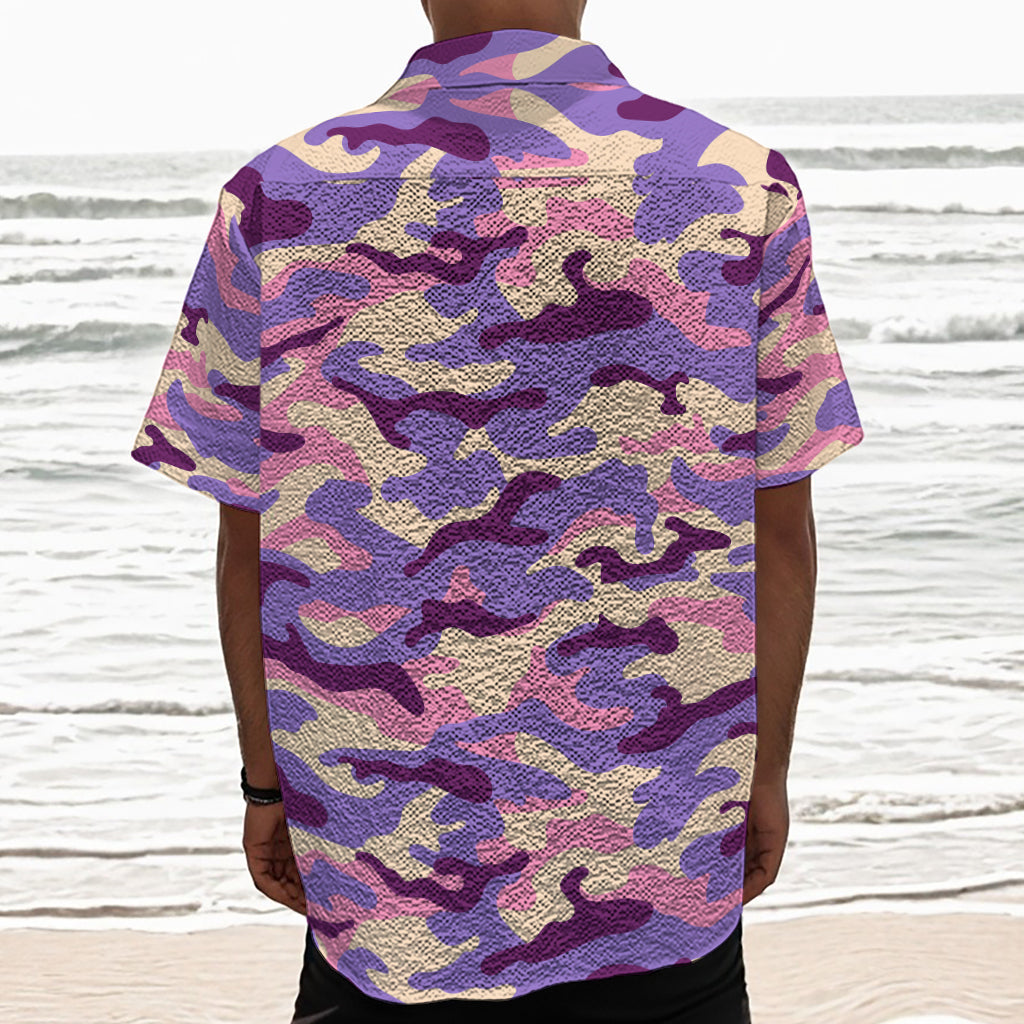 Pastel Purple Camouflage Print Textured Short Sleeve Shirt