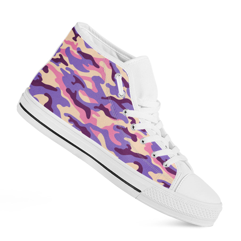 Pastel Purple Camouflage Print White High Top Sneakers