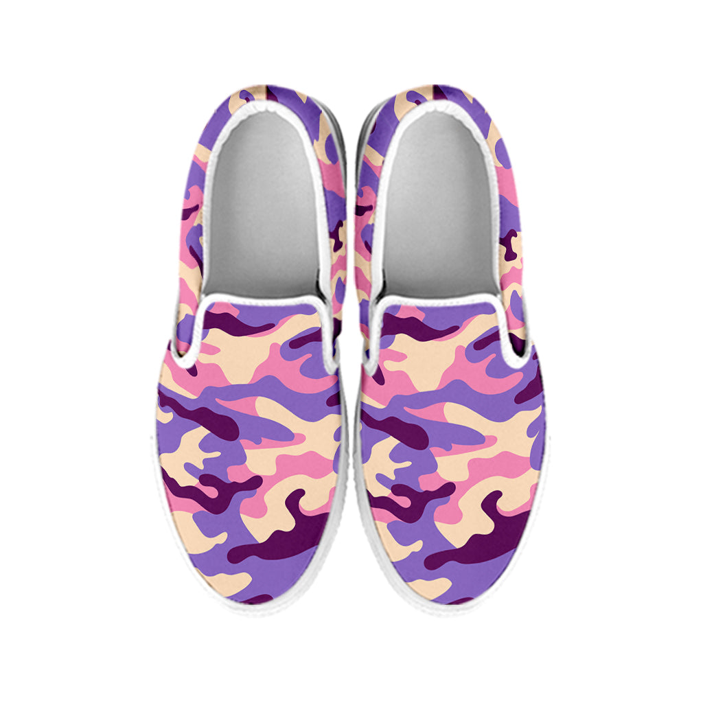 Pastel Purple Camouflage Print White Slip On Sneakers