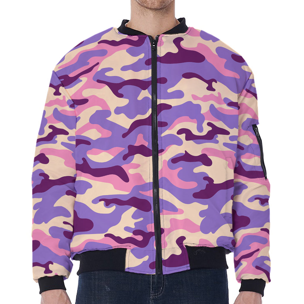 Pastel Purple Camouflage Print Zip Sleeve Bomber Jacket
