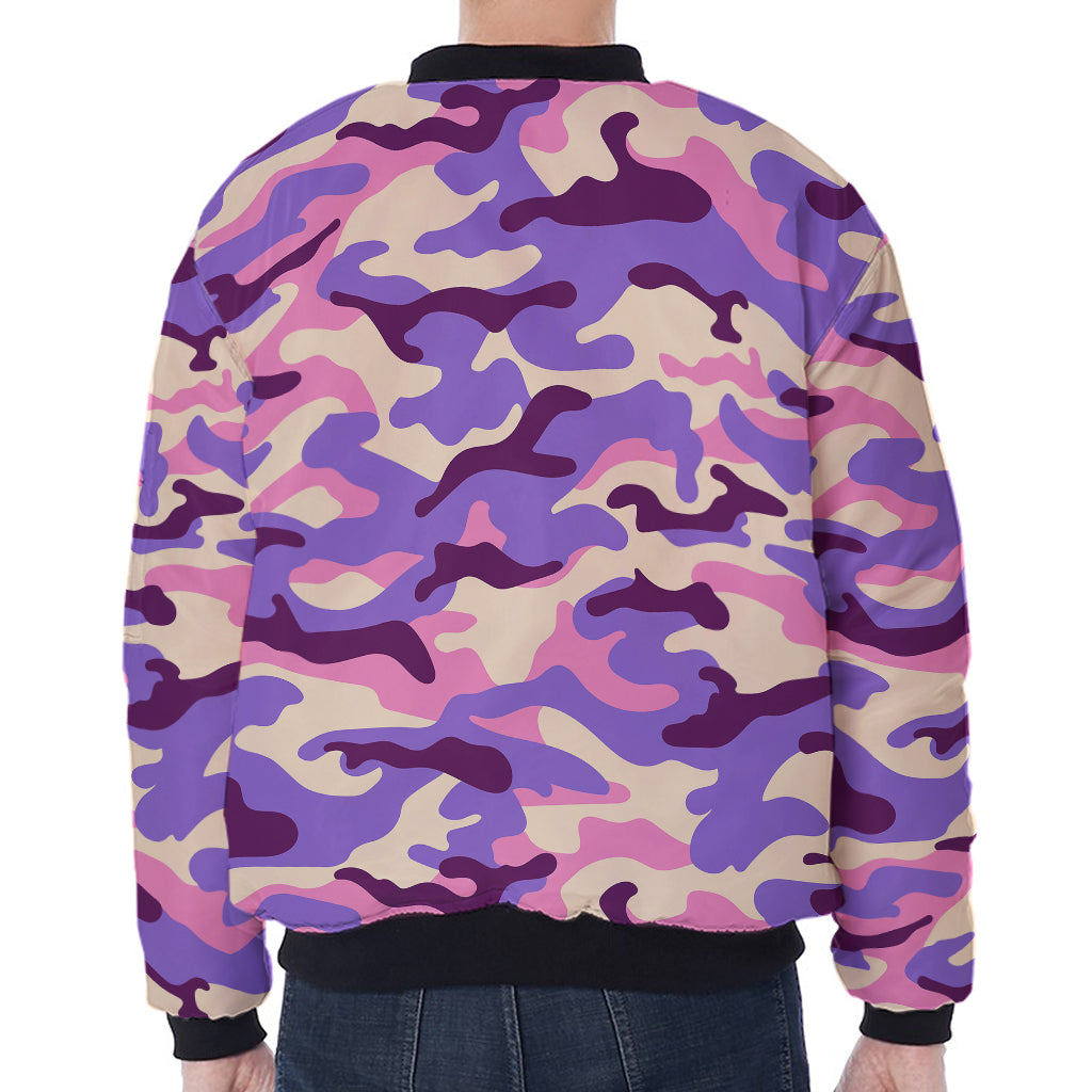 Pastel Purple Camouflage Print Zip Sleeve Bomber Jacket