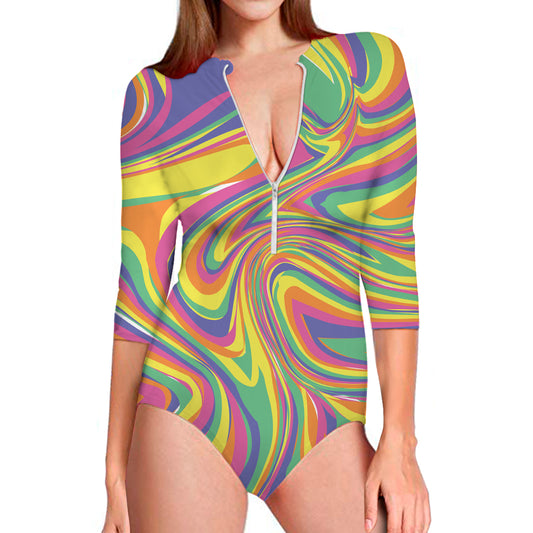 Pastel Rave Print Long Sleeve Swimsuit