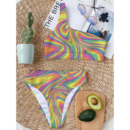 Pastel Rave Print One Shoulder Bikini Top