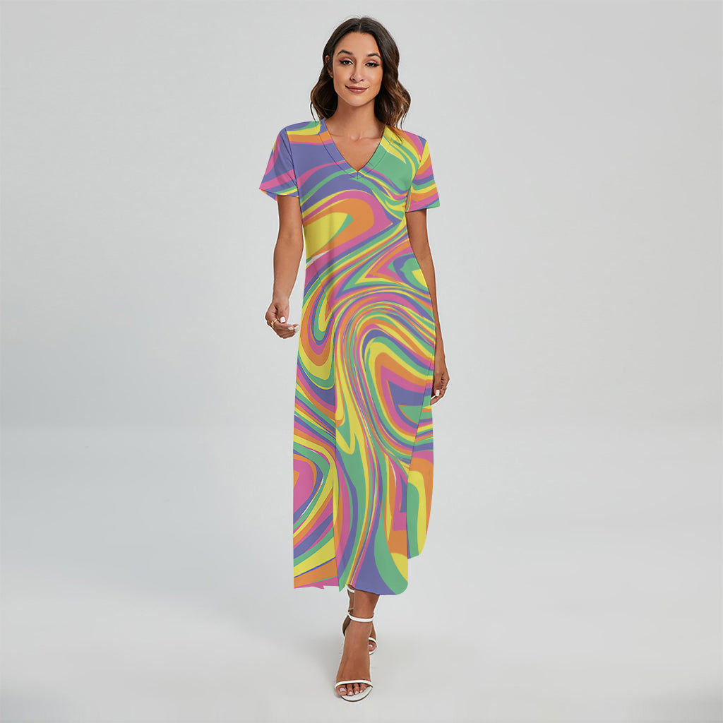 Pastel Rave Print Short Sleeve Maxi Dress