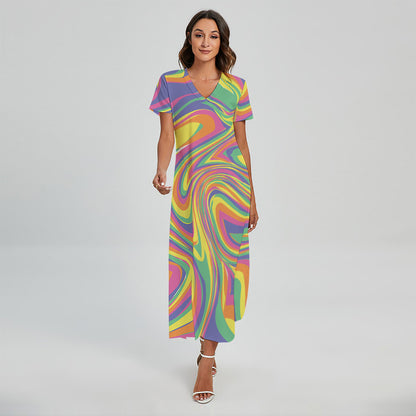 Pastel Rave Print Short Sleeve Maxi Dress