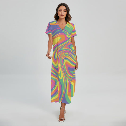 Pastel Rave Print Short Sleeve Maxi Dress