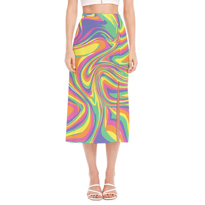 Pastel Rave Print Side Slit Midi Skirt