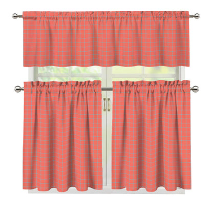 Pastel Red And Grey Tattersall Print 3 Piece Kitchen Curtains