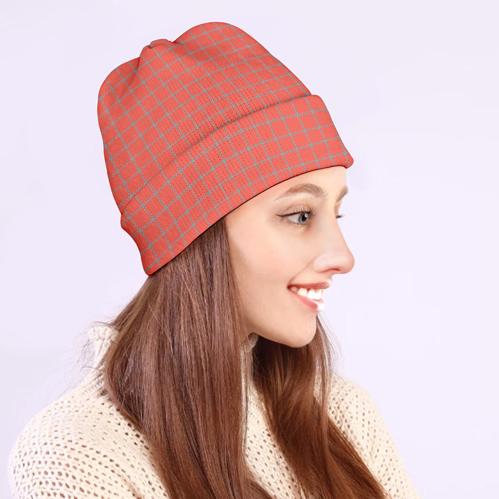 Pastel Red And Grey Tattersall Print Beanie