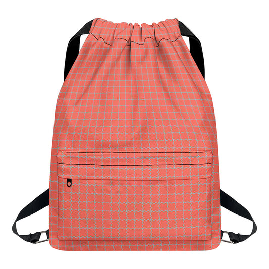 Pastel Red And Grey Tattersall Print Drawstring Backpack