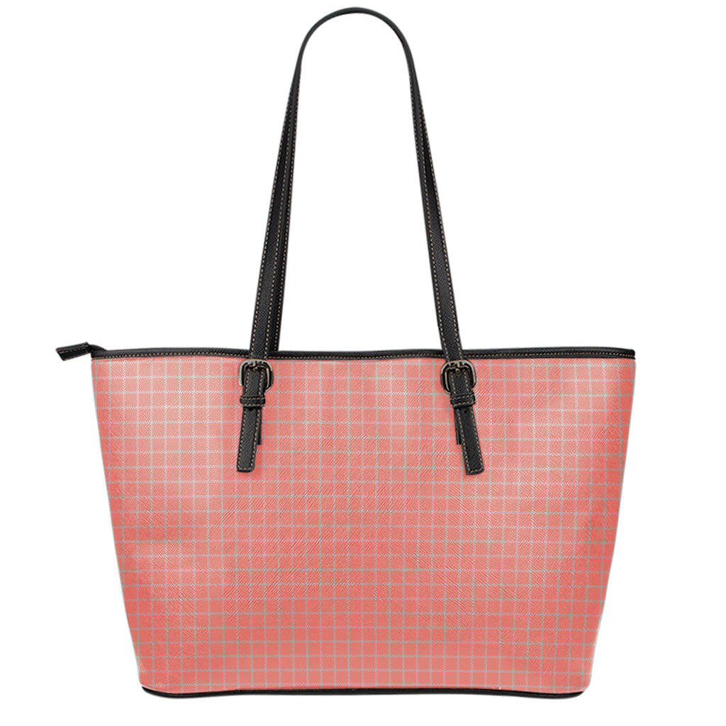 Pastel Red And Grey Tattersall Print Leather Tote Bag