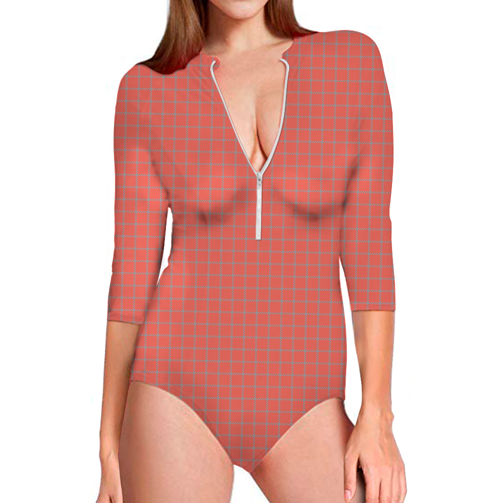 Pastel Red And Grey Tattersall Print Long Sleeve Swimsuit