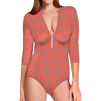 Pastel Red And Grey Tattersall Print Long Sleeve Swimsuit