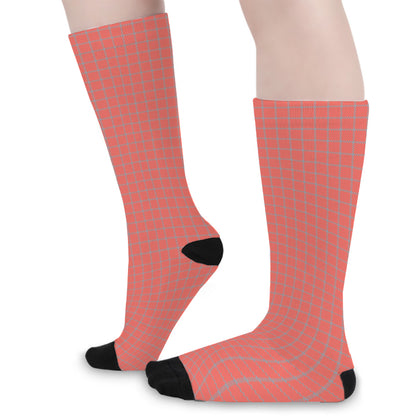 Pastel Red And Grey Tattersall Print Long Socks