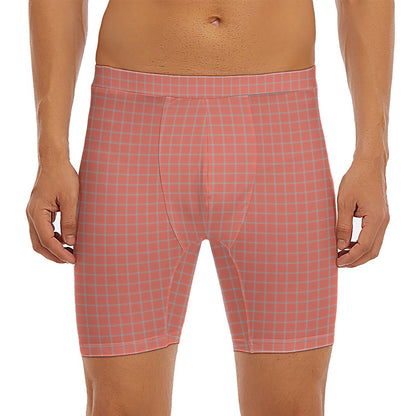 Pastel Red And Grey Tattersall Print Men's Long Boxer Briefs