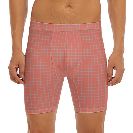 Pastel Red And Grey Tattersall Print Men's Long Boxer Briefs