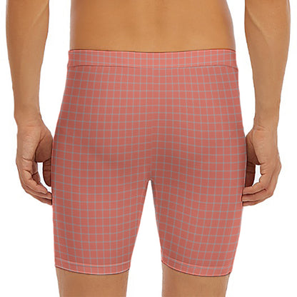 Pastel Red And Grey Tattersall Print Men's Long Boxer Briefs