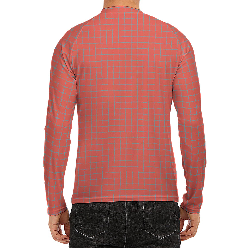 Pastel Red And Grey Tattersall Print Men's Long Sleeve Rash Guard