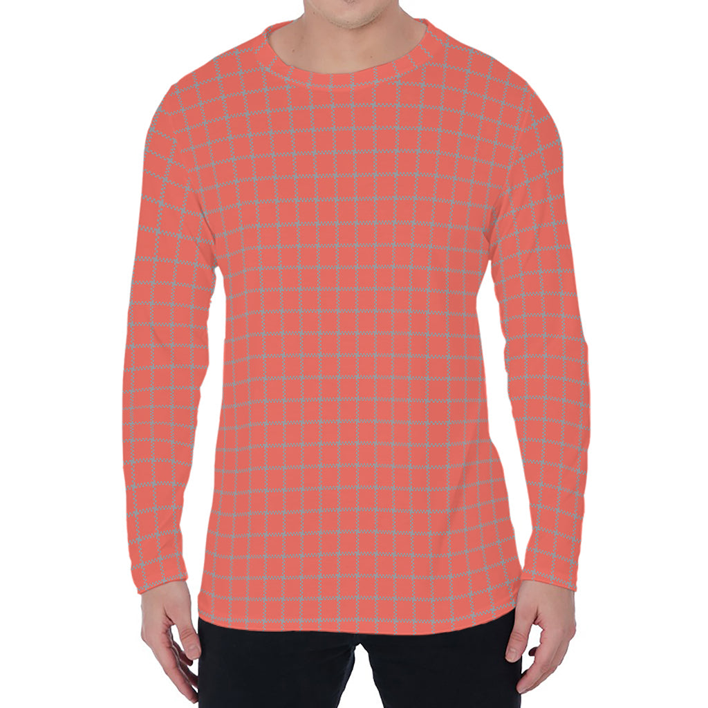 Pastel Red And Grey Tattersall Print Men's Long Sleeve T-Shirt