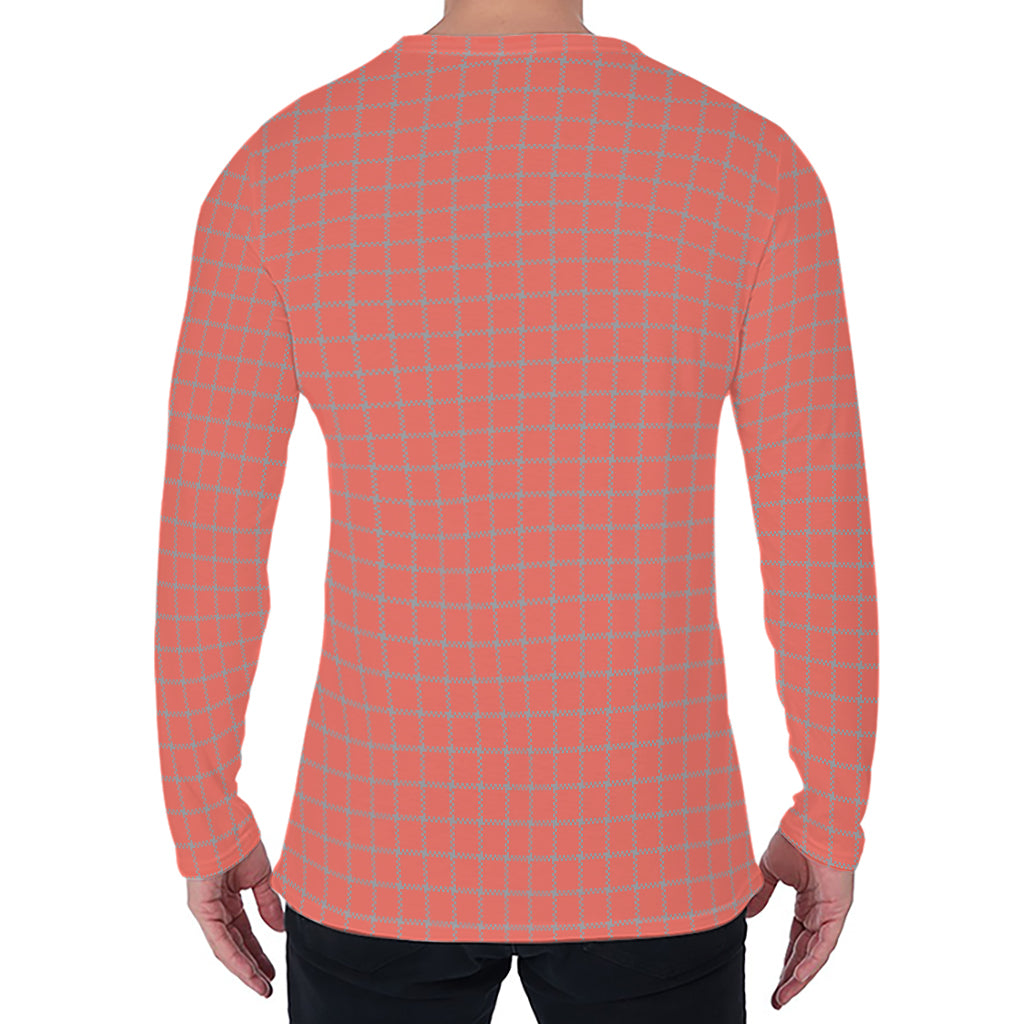 Pastel Red And Grey Tattersall Print Men's Long Sleeve T-Shirt