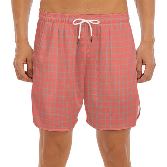 Pastel Red And Grey Tattersall Print Men's Split Running Shorts