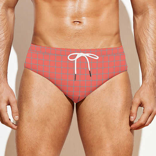 Pastel Red And Grey Tattersall Print Men's Swim Briefs