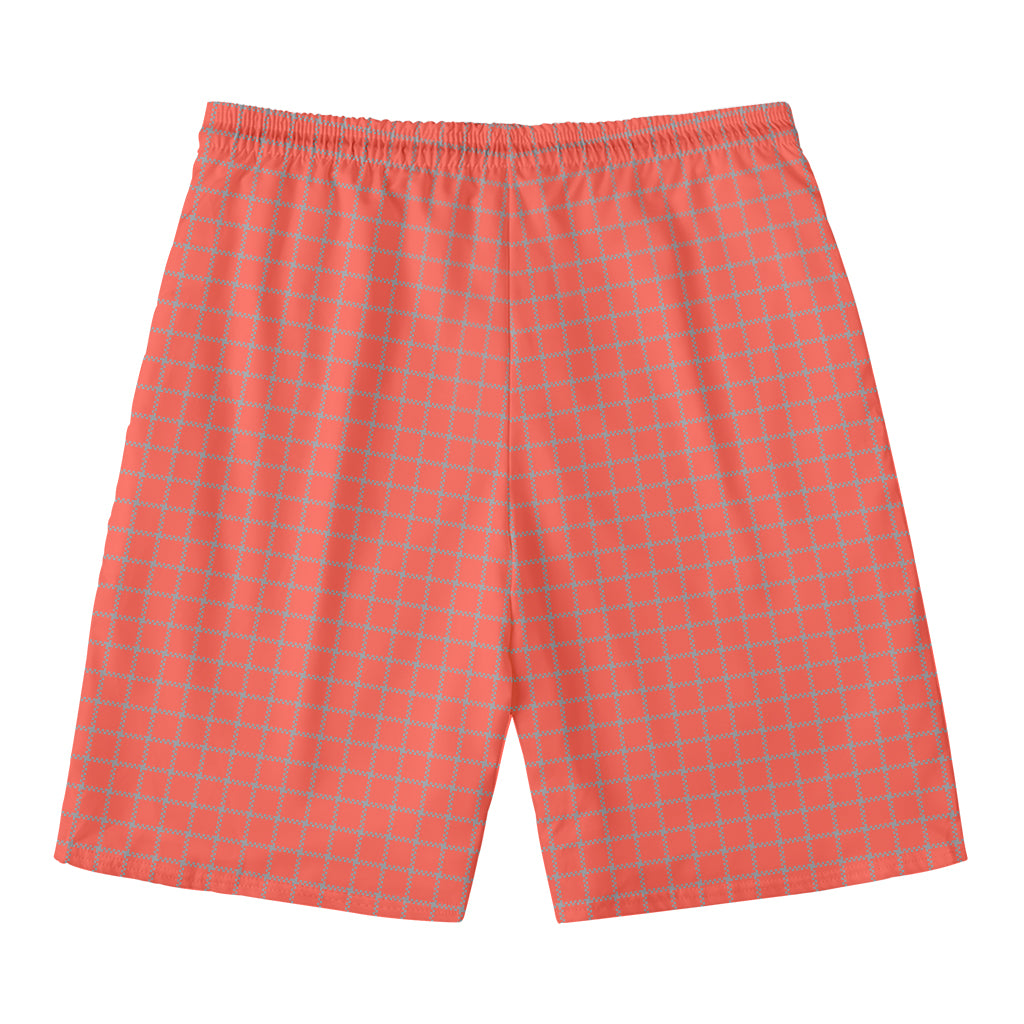 Pastel Red And Grey Tattersall Print Men's Swim Trunks