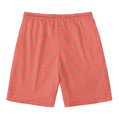 Pastel Red And Grey Tattersall Print Men's Swim Trunks