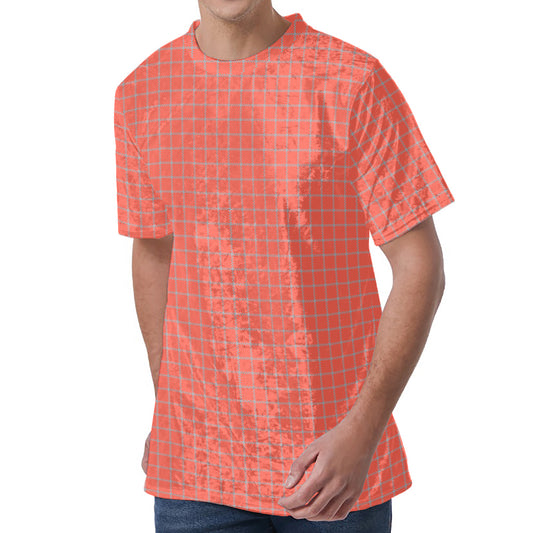 Pastel Red And Grey Tattersall Print Men's Velvet T-Shirt