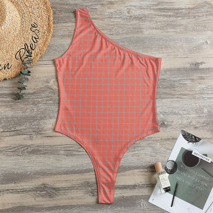 Pastel Red And Grey Tattersall Print One Shoulder Bodysuit