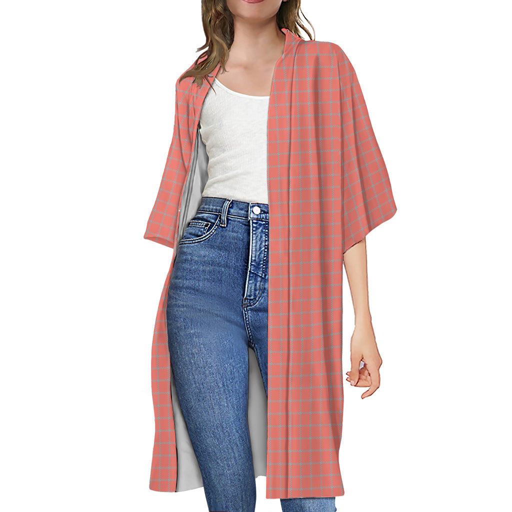 Pastel Red And Grey Tattersall Print Open Front Beach Cover Up