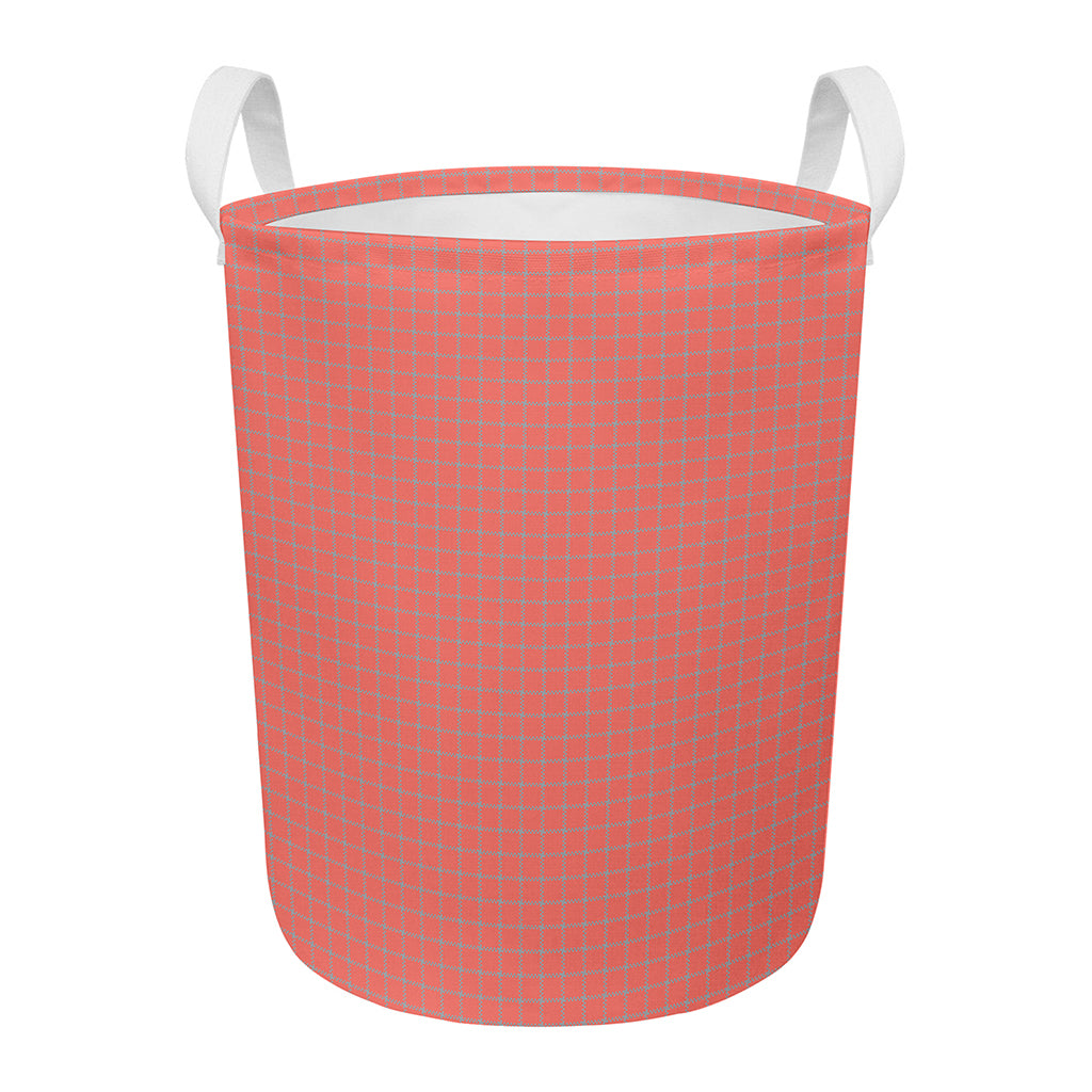 Pastel Red And Grey Tattersall Print Round Laundry Basket
