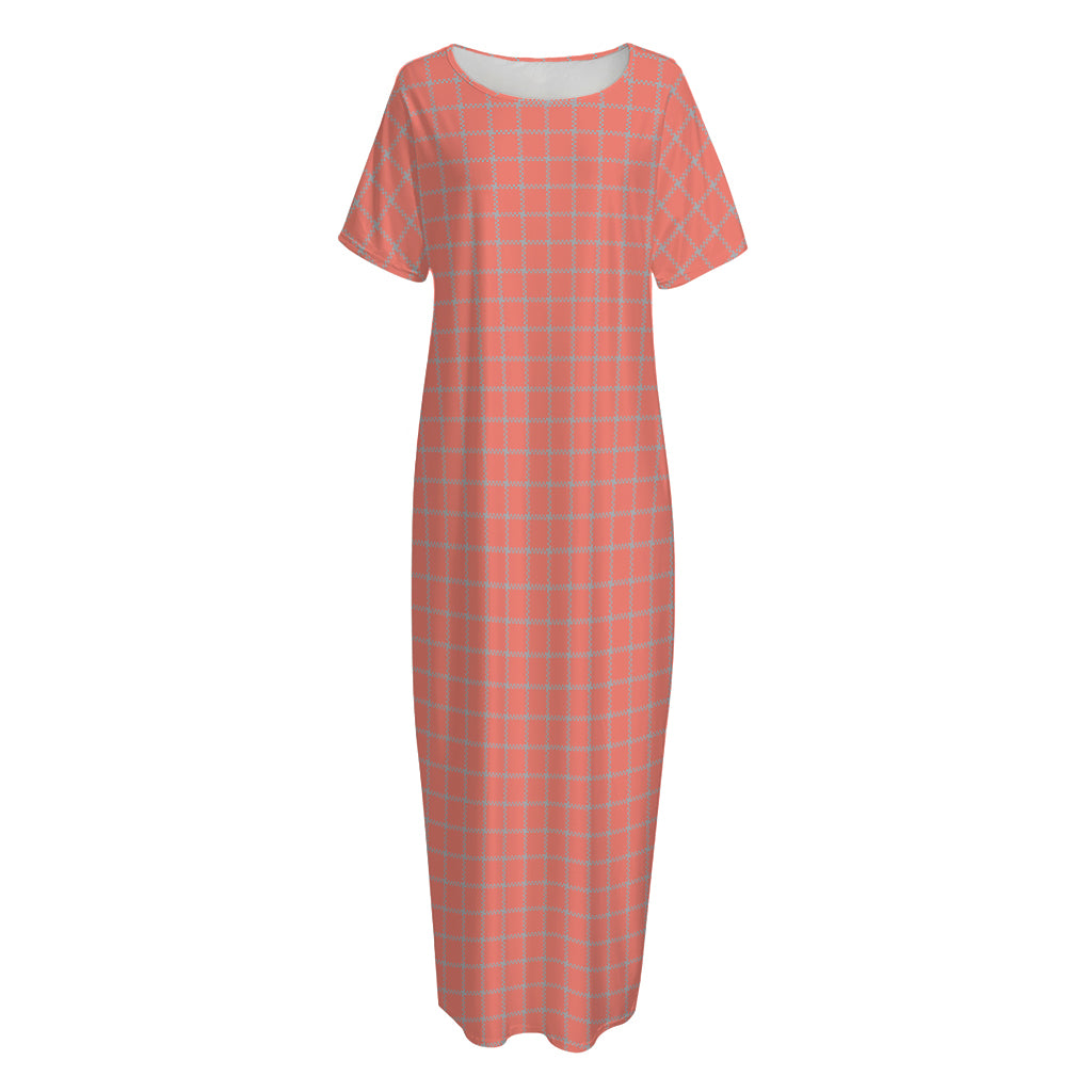 Pastel Red And Grey Tattersall Print Short Sleeve Long Nightdress