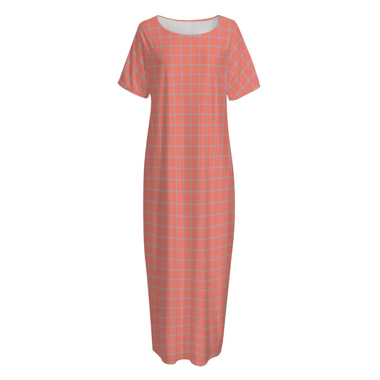 Pastel Red And Grey Tattersall Print Short Sleeve Long Nightdress