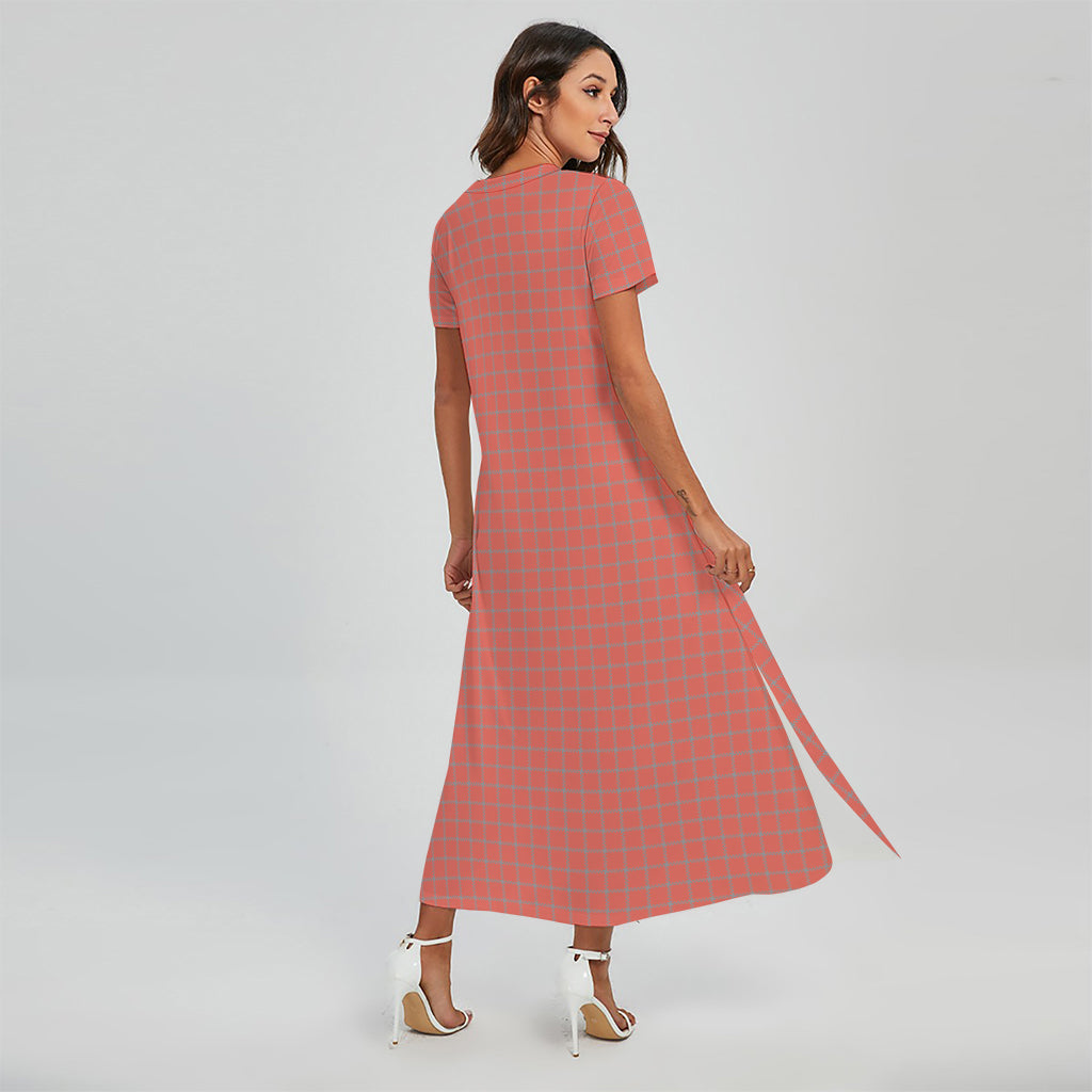 Pastel Red And Grey Tattersall Print Short Sleeve Maxi Dress