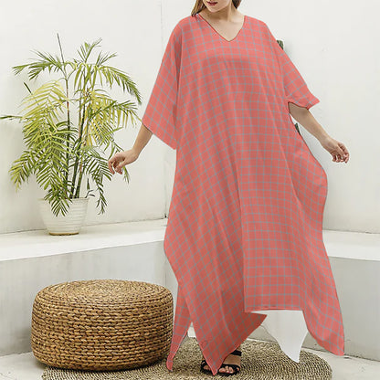 Pastel Red And Grey Tattersall Print Silk V-Neck Kaftan Dress