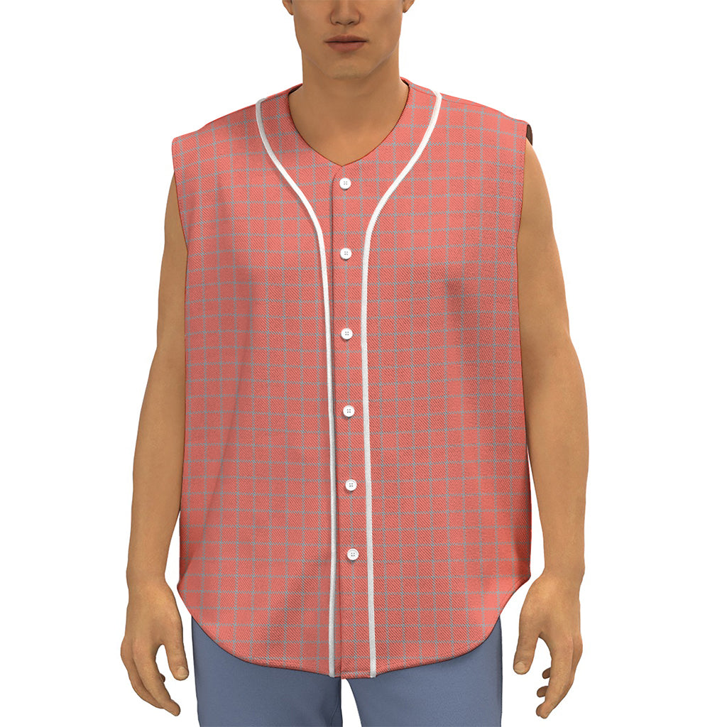 Pastel Red And Grey Tattersall Print Sleeveless Baseball Jersey