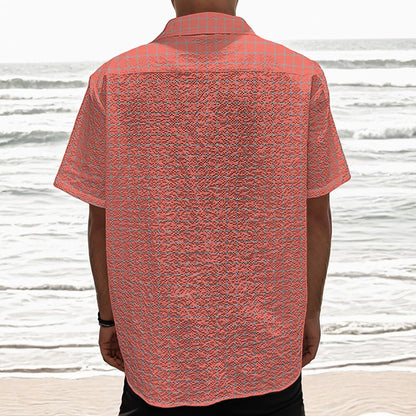 Pastel Red And Grey Tattersall Print Textured Short Sleeve Shirt