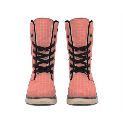 Pastel Red And Grey Tattersall Print Winter Boots