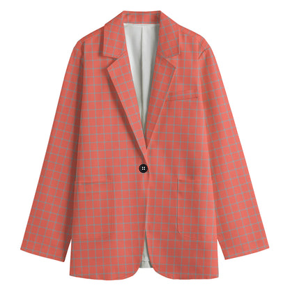 Pastel Red And Grey Tattersall Print Women's Cotton Blazer