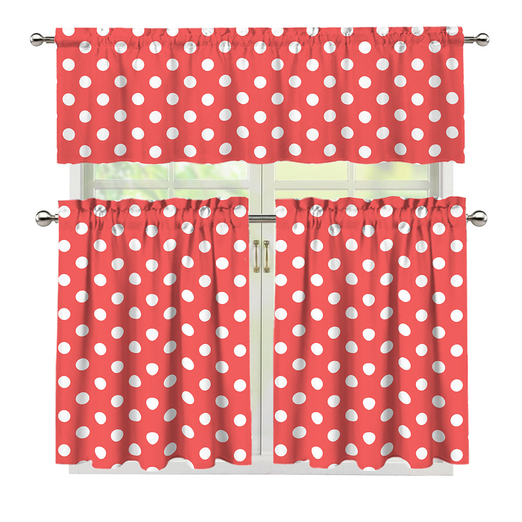 Pastel Red And White Polka Dot Print 3 Piece Kitchen Curtains
