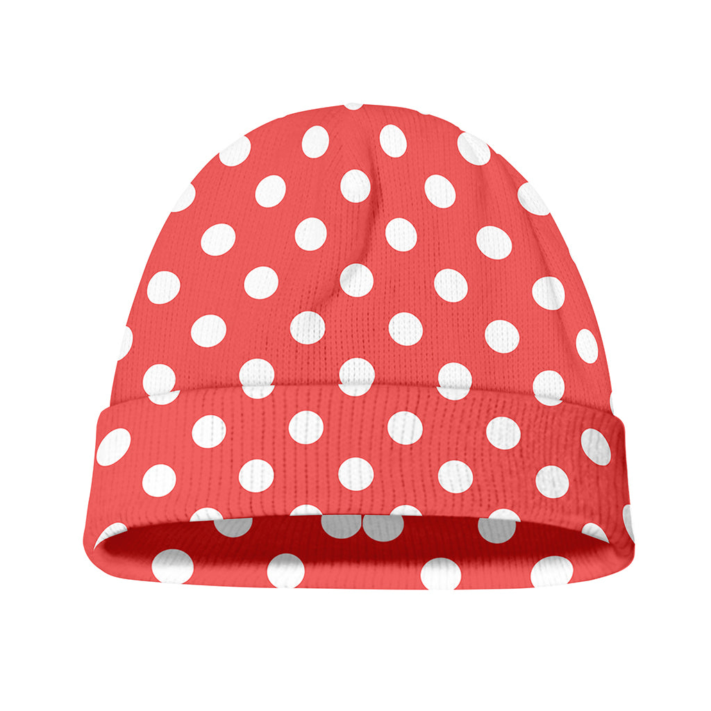 Pastel Red And White Polka Dot Print Beanie