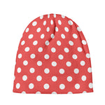 Pastel Red And White Polka Dot Print Beanie