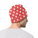 Pastel Red And White Polka Dot Print Beanie