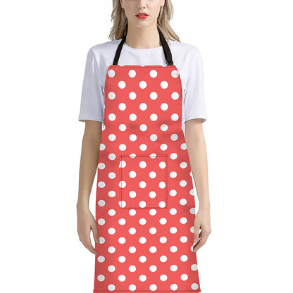Pastel Red And White Polka Dot Print Bib Apron With Pocket